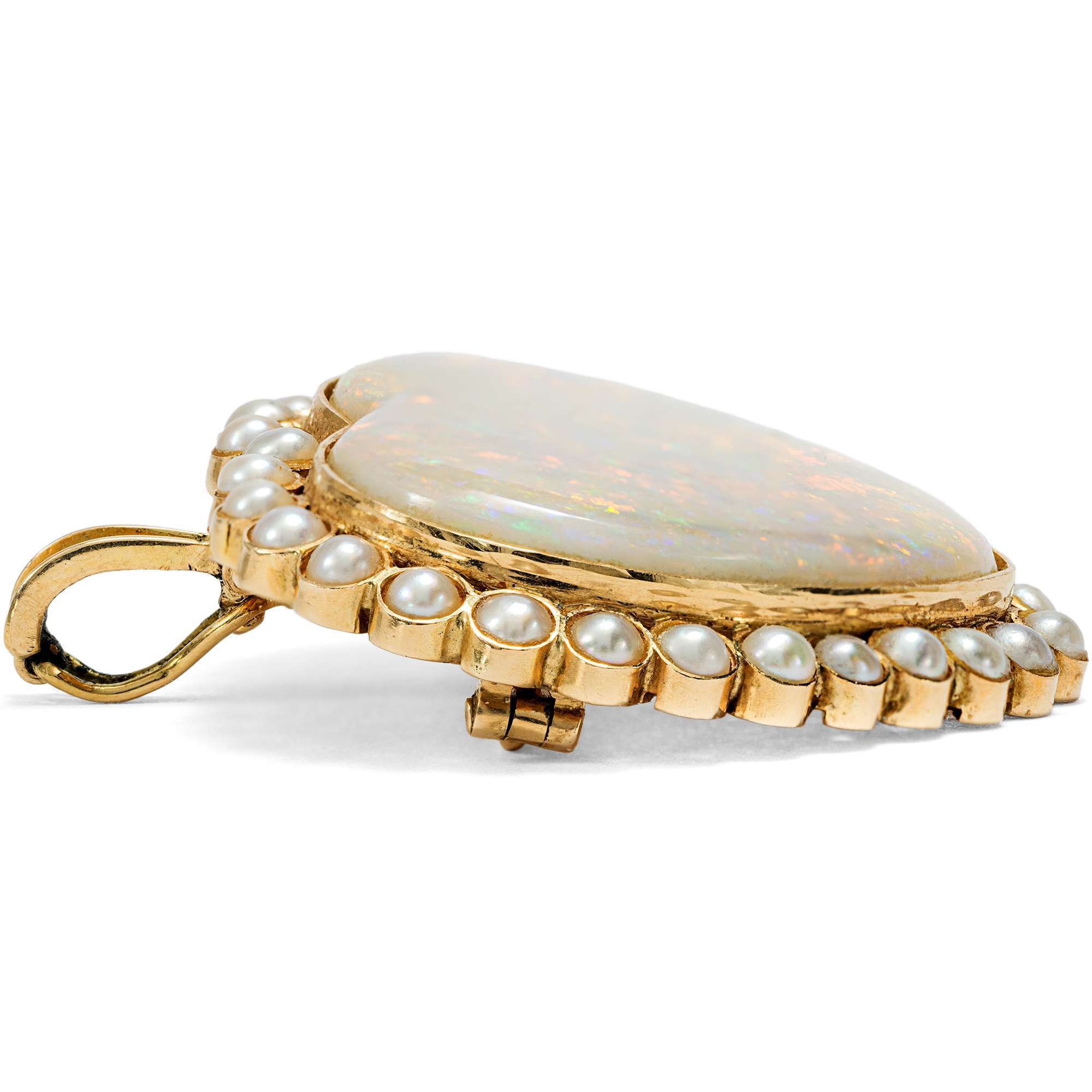 625048-hofer-antikschmuck-Zauberhafte-Anhaenger-Brosche-mit-grossem-Opal-und-Perlen-in-Gold-USA-um-1985-Hart-aber-herzlich