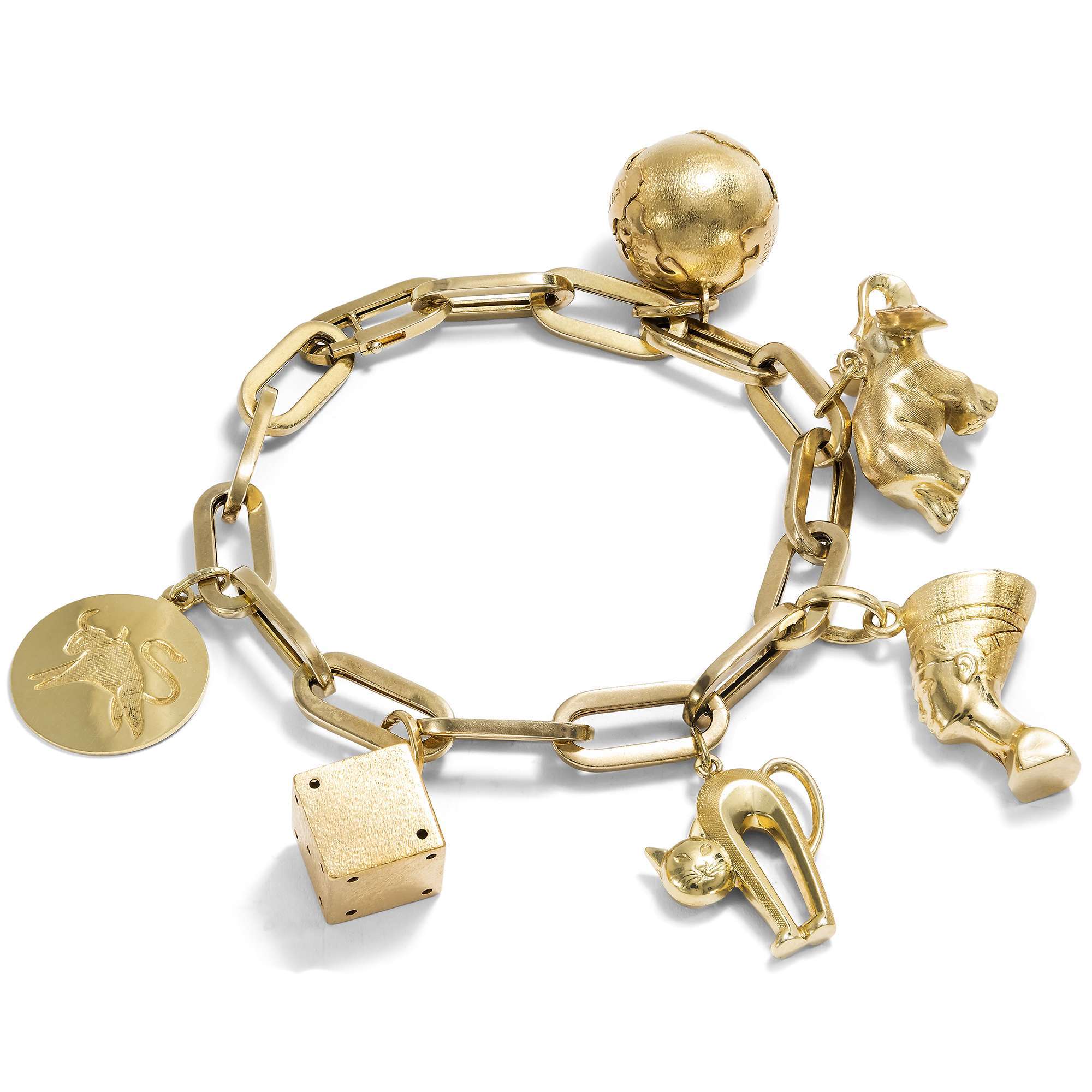 625966-hofer-antikschmuck-Vintage-Bettelarmband-aus-Gold-mit-sechs-Anhaengern-um-1960-Sammelfreuden