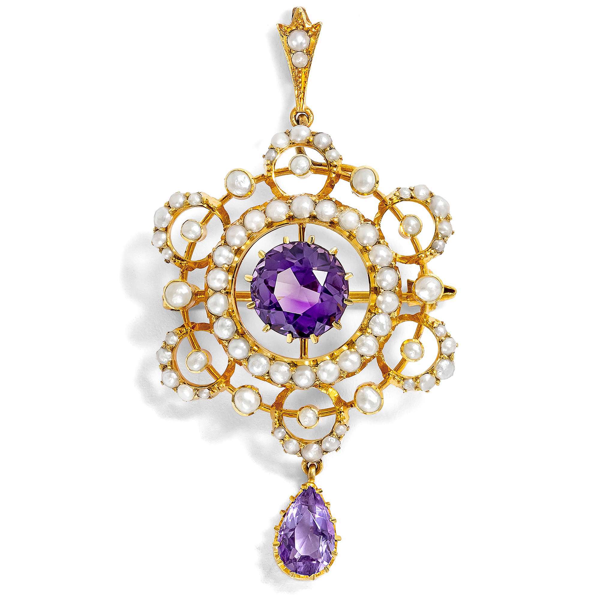 626964-hofer-antikschmuck-Zarte-Anhaenger-Brosche-mit-Amethyst-und-Perlen-in-Gold-Grossbritannien-um-1895-Pastelltraum