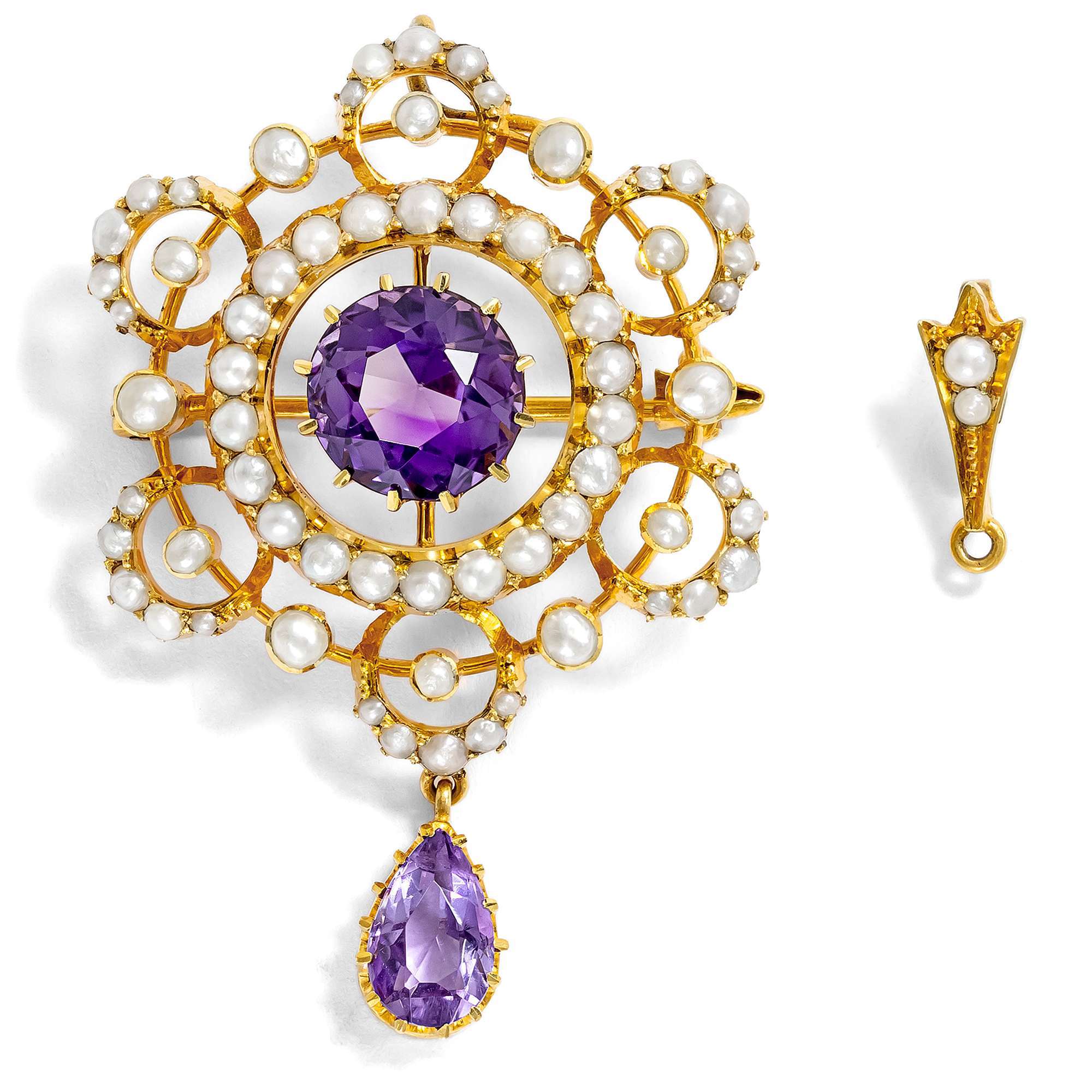626964-hofer-antikschmuck-Zarte-Anhaenger-Brosche-mit-Amethyst-und-Perlen-in-Gold-Grossbritannien-um-1895-Pastelltraum_2