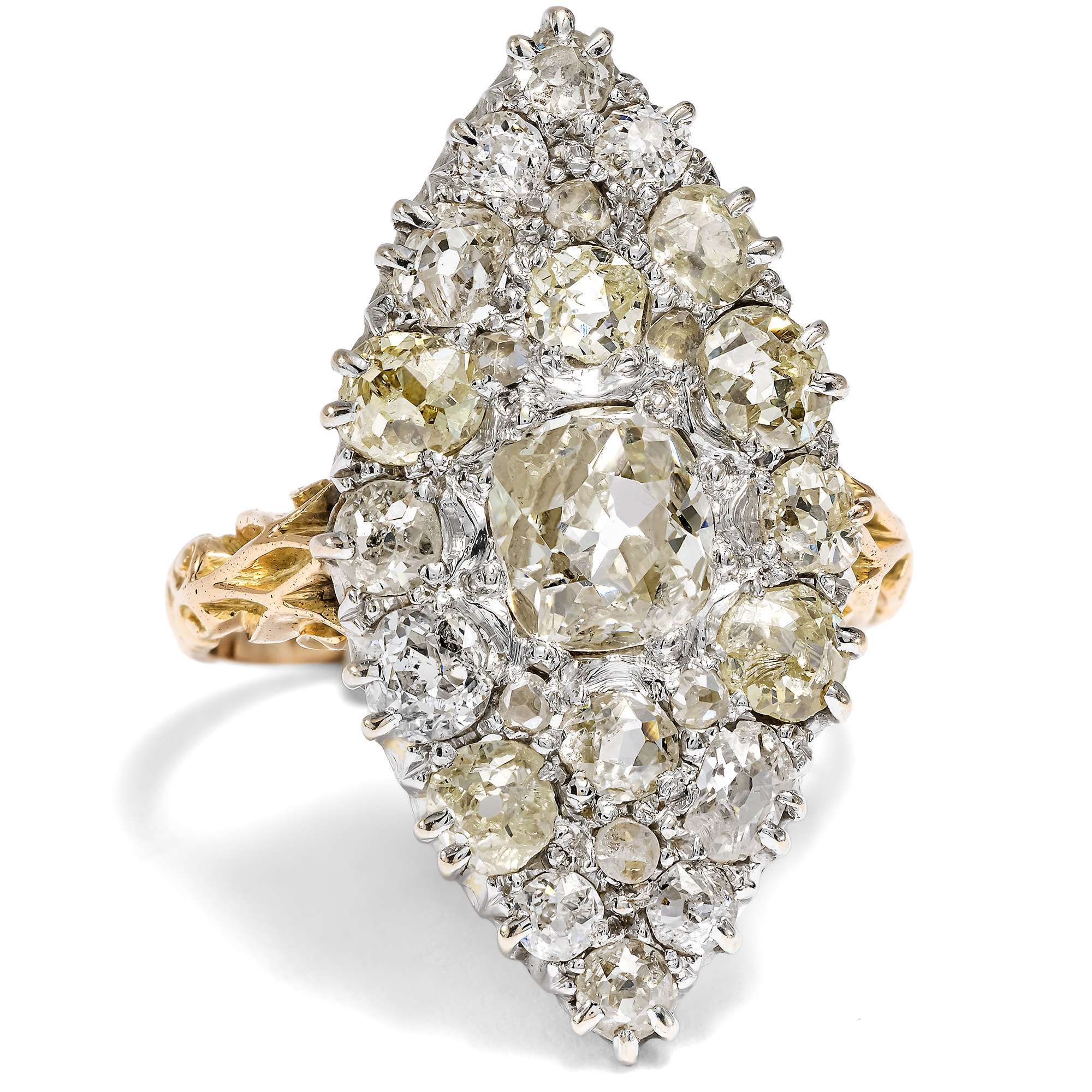 626993-hofer-antikschmuck-Viktorianischer-Marquise-Ring-mit-Altschliff-Diamanten-in-Gold-England-um-1900-Kussmund